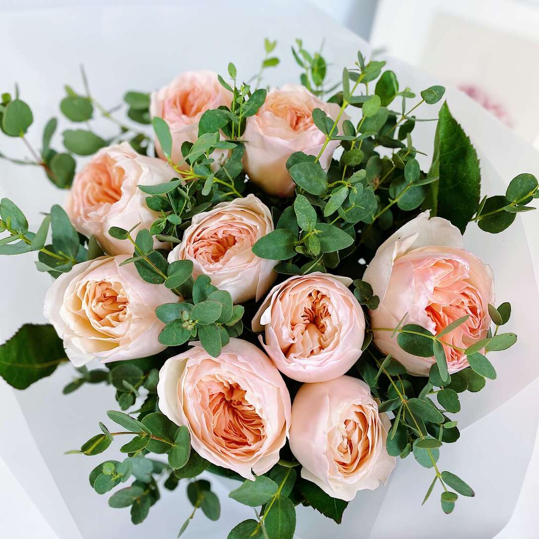 Букет из 9 персиковых роз Juliet с эвкалиптом