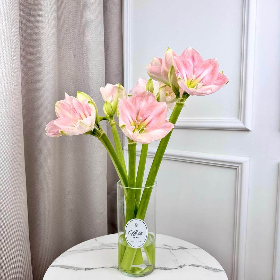 Букет из персиково-розовых амариллисов  в вазе