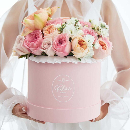 Букет "Peach Cream" шляпной коробке Grand Mini PINK Фото 2